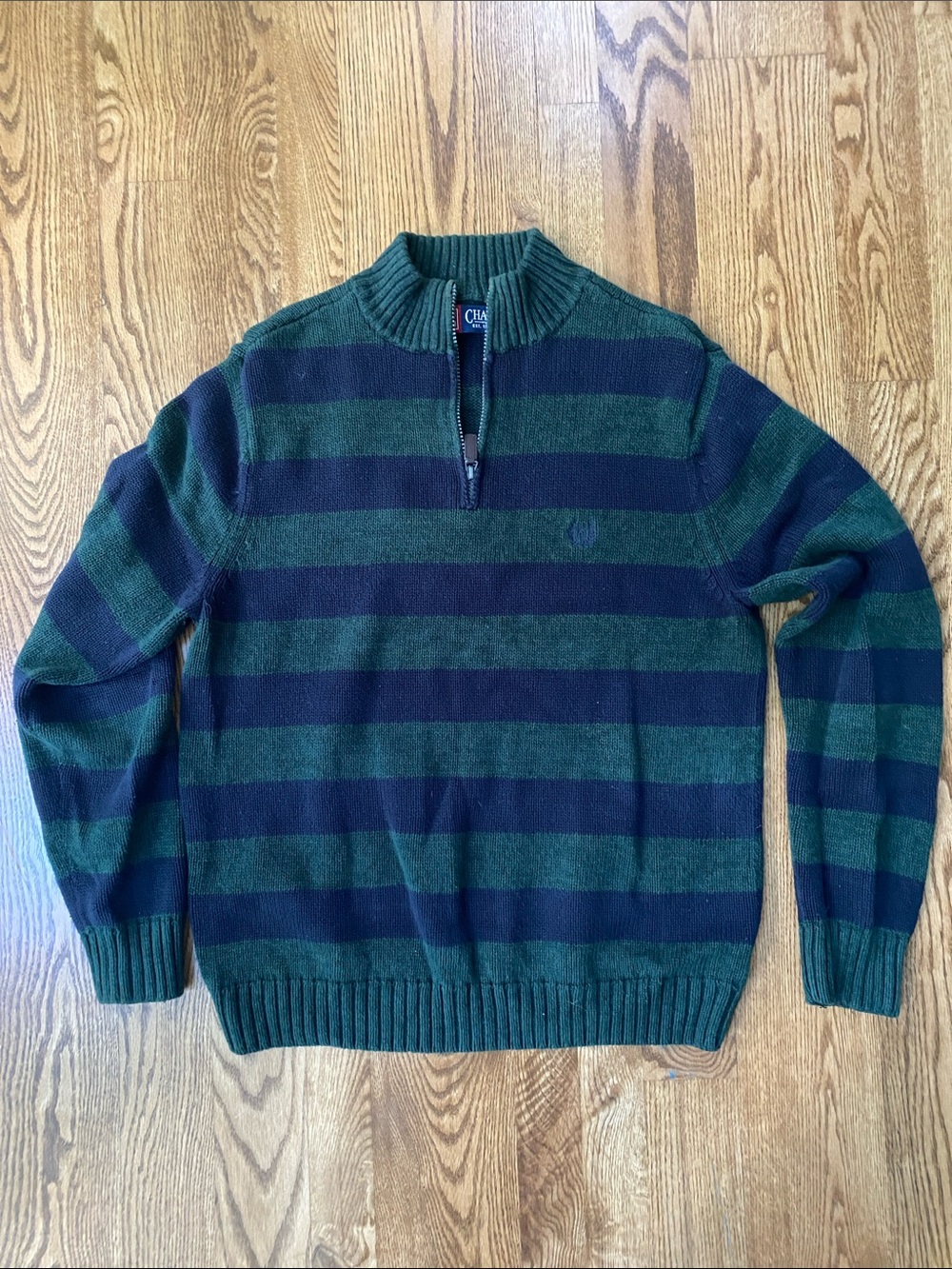 Vintage Chaps 100% cotton green and navy striped 1/4 zip sweater preppy nautical